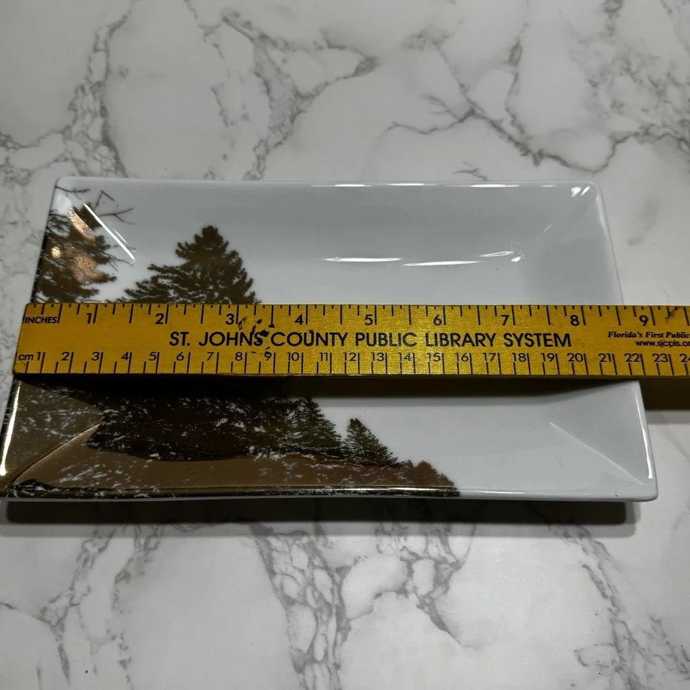 Lot 2 Threshold Porcelain Christmas Tree Rectangular Tray White Gold Pines 8.75